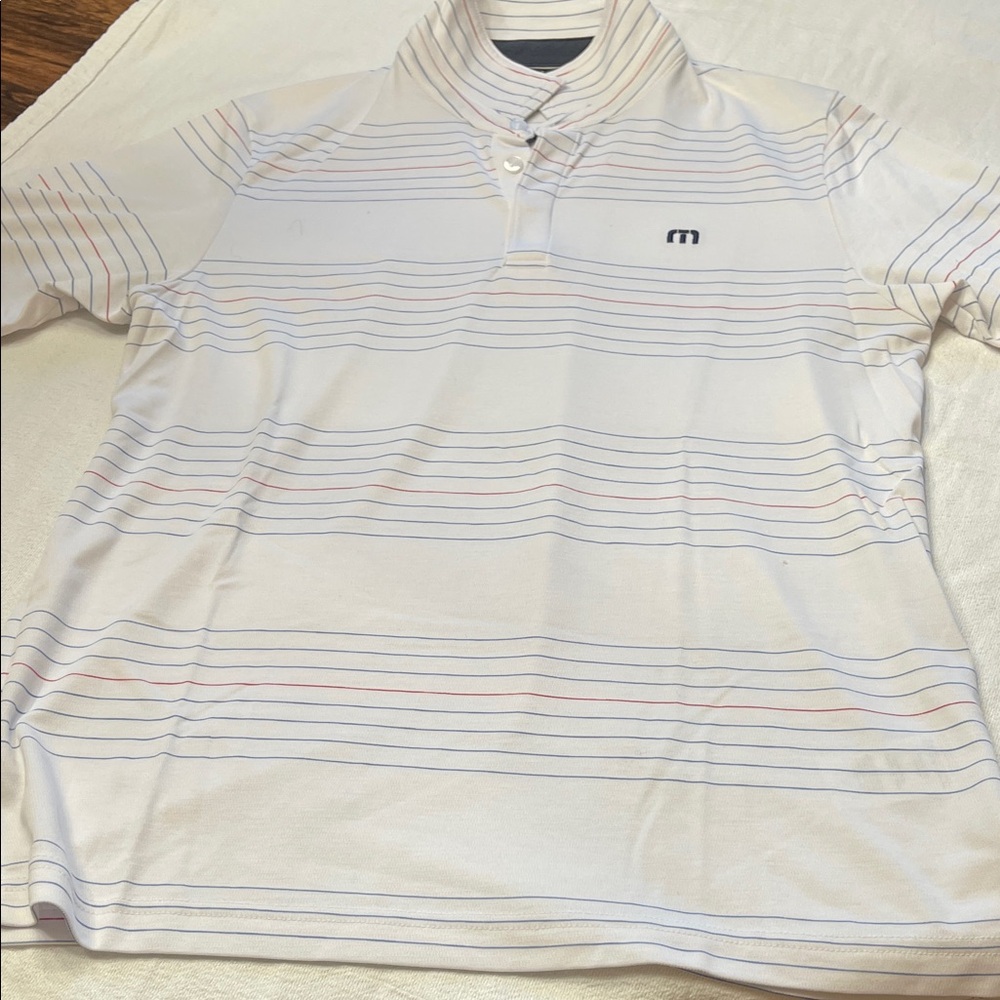 TravisMathew White Polo with Blue and Red Stripes